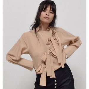 Ajaie Alaie Plaza Blouse In Warm Sands Small Bows Billowy Sleeves Wool MSRP $265